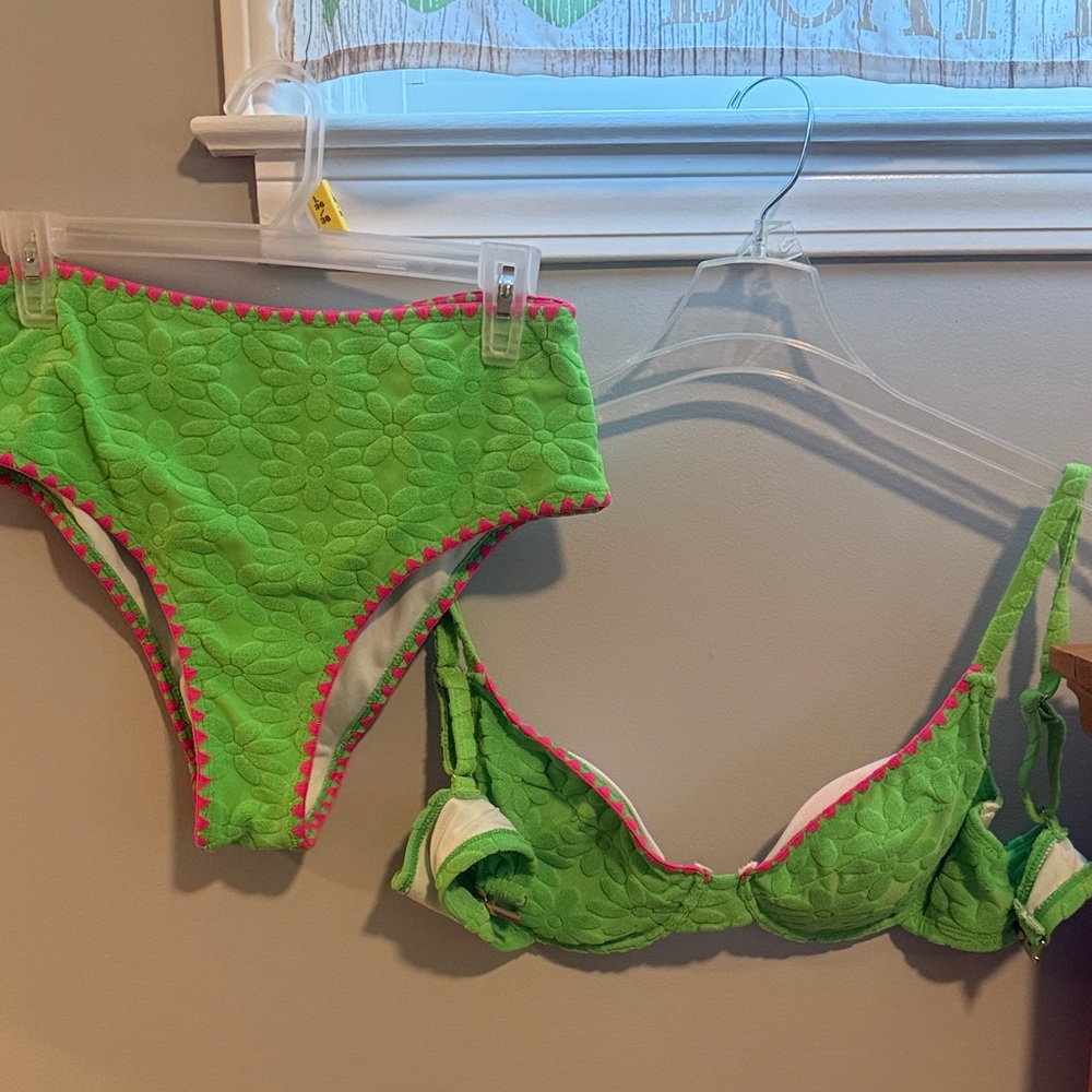 Green Floral Bikini Set with Pink Trim